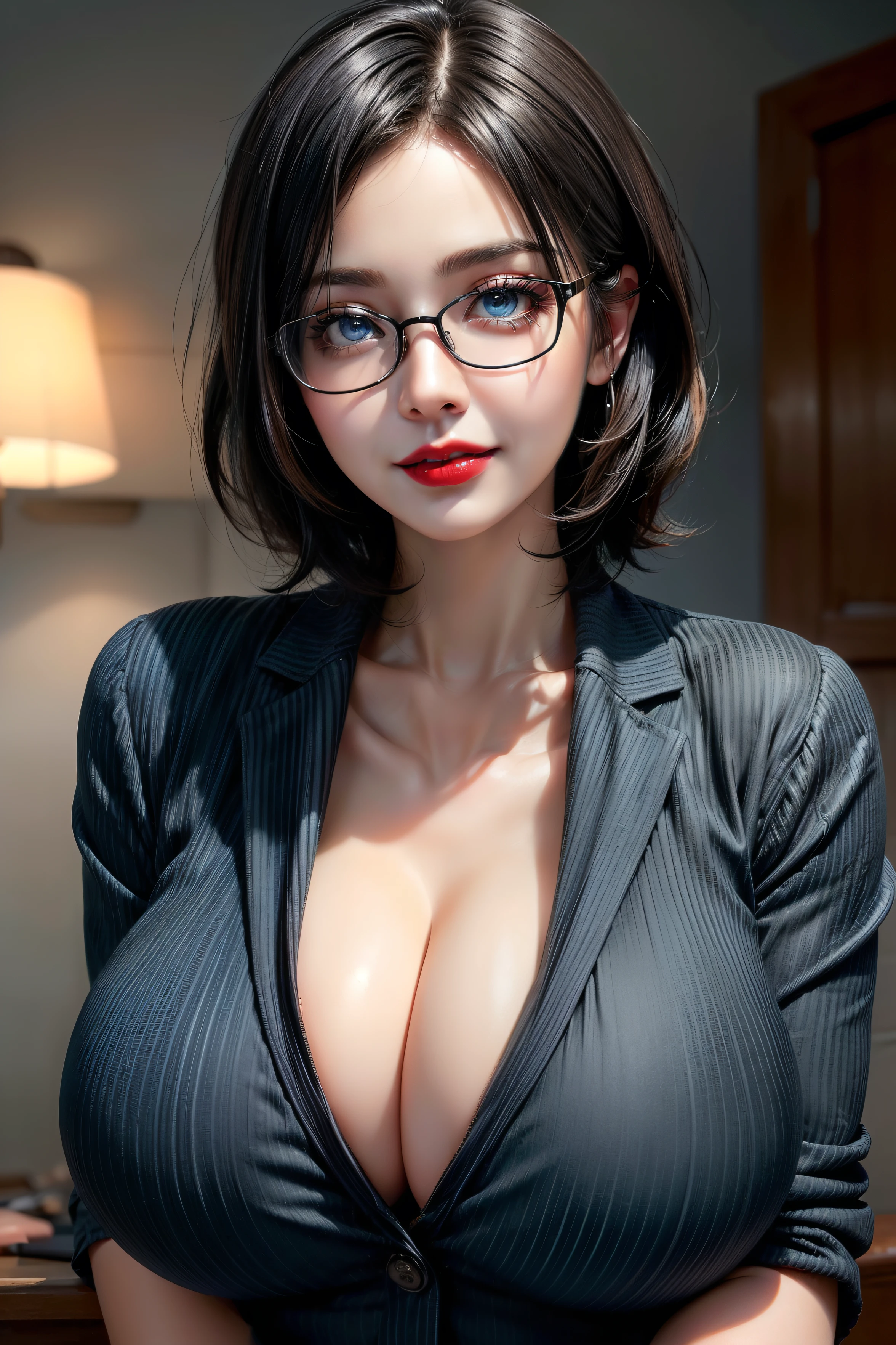 ((35 year old mature woman)),(((secretary suit))),((((1 girl))),(blue eyes)),(((secretary glasses)))(Very Intense Makeup)), smiling, ((red lipstick)),((woman in makeup)), short hair, black hair,((huge breasts,)),((cleavage,))),extremely realistic female eye,(((solamente))),cuerpo perfecto,manos perfectas,cara perfecta,
