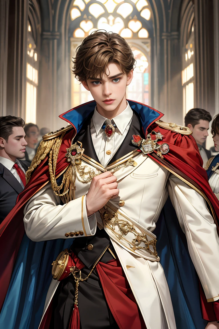 
masterpiece, 最high quality, high quality, 1 boy, alone, Male focus, Watching the audience,  Messy brown hair, Adorable big blue eyes, White, Noble, Noble, Beautiful tailcoat、A very voluminous, large, very large, very large, long, long red and black cape with a high stand-up collar, made of a lot of fabric that reaches down to the floor., ,Cute beautiful boys,Cute, cute, kind, handsome guy