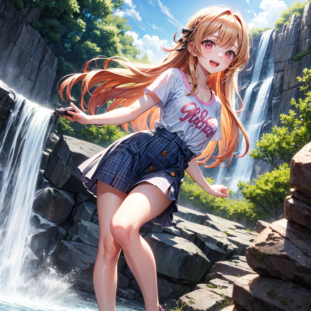 Pink gold golden hair、Red eyes、One good looking girl、solo、anime、Checkered mini skirt、The skirt has buttons、White T-shirt、Jin、Blue camisole、Wearing a ribbon、Ribbon on waist、Tilting face、Teeth are visible、waterfall、waterfallの裏側、tunnel、Sunset sky、I have a single-lens reflex camera