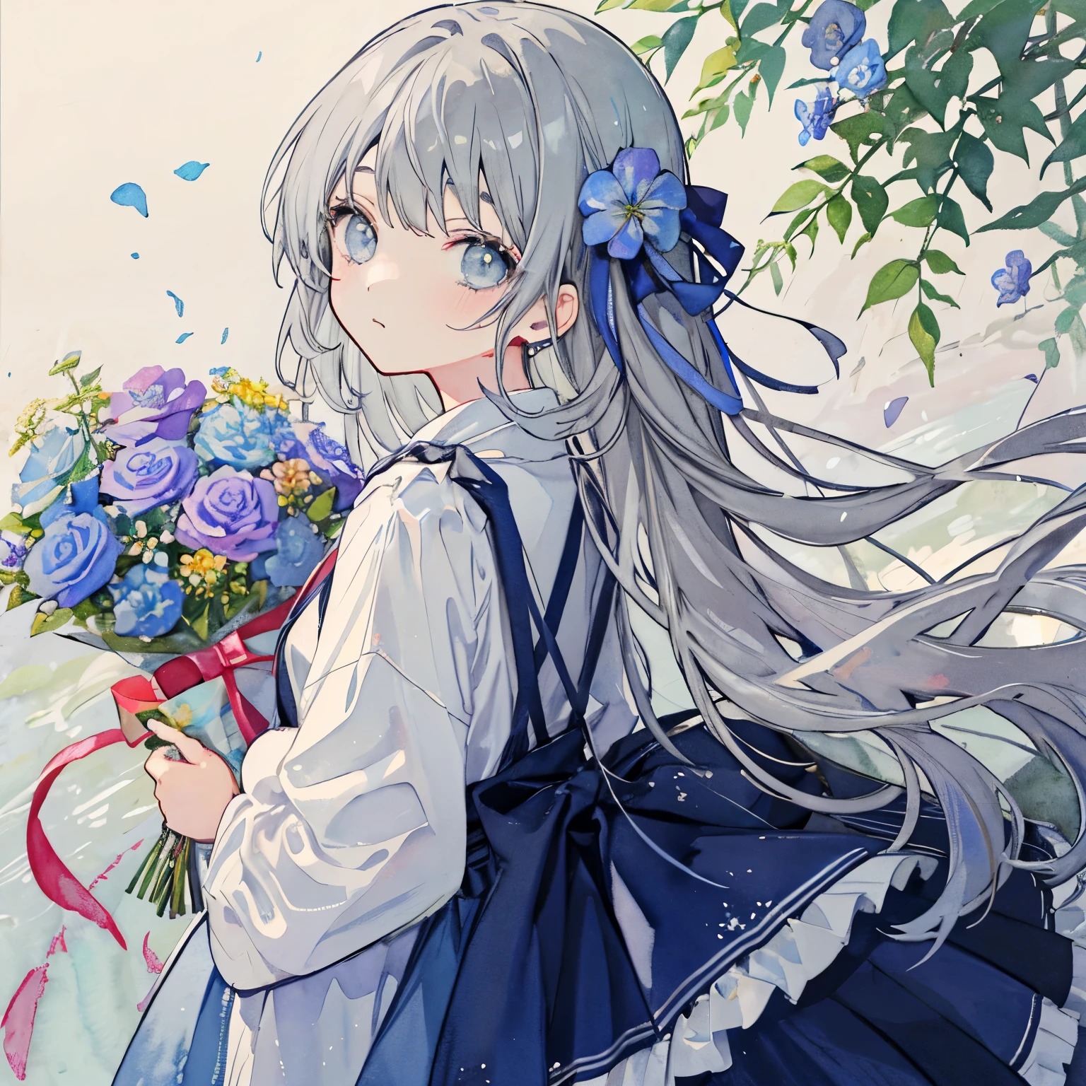 Pastel Watercolor、A girl with lots of flowers、blue flower、Gray Hair、Long Hair、can&#39;t move inside jar、Pushed in、Sitting、Cute clothes、Exposing shoulders、ribbon、(inside jar)、bottling、小inside jarの***