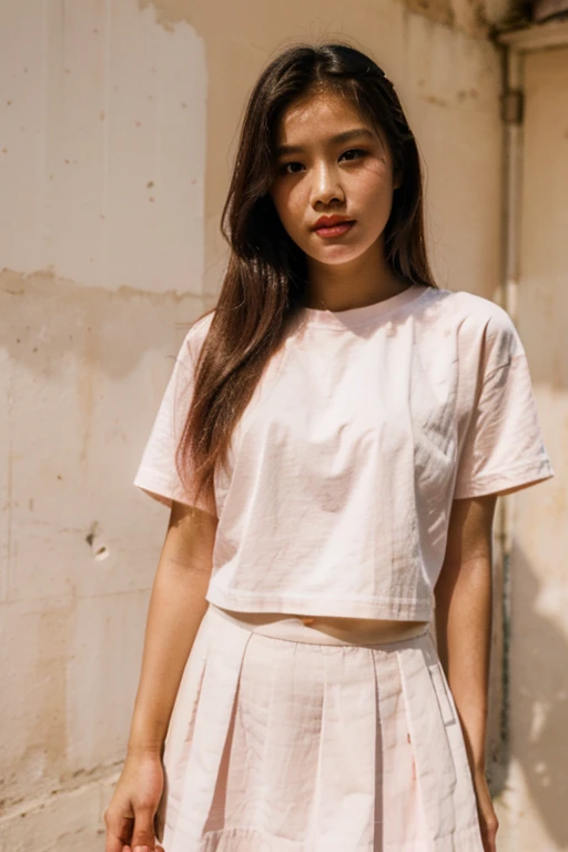 (best quality, masterpiece:1.2), ultra-detailed, perfect Thai girl, 16 years old, long beautiful hair, soft pink tinted lips, wearing a white shirt and a short black skirt