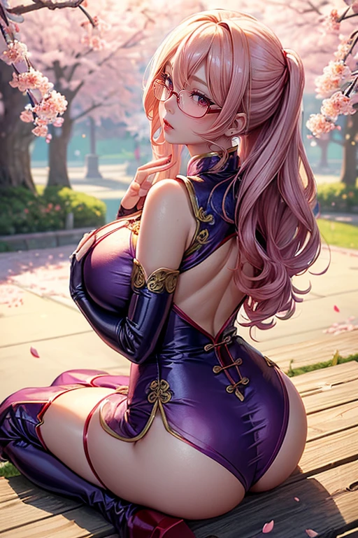 Chinese idol girl　Mature Woman　Blonde wavy hair with bangs　(Bright red rouge lips)　Super big boobs　Chubby　Plump　Super big butt　Wet ass　((Rimless glasses))　　Big eyes　SakuraFubuki　((Gorgeous super shiny purple long cheongsam))　((Knee-high boots)) garter belt　8K　Photorealistic　((Cherry tree in full bloom))　(A large amount of falling cherry blossom petals)　((Morning Glow))　((Sit with your back to the camera))　((Back view of a person sitting upright))　((Turn around and make eye contact))　((stick out your butt))