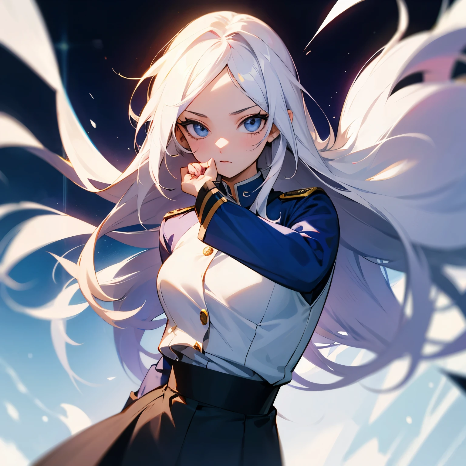 Con el estilo de BNHA, una chica de piel blanca , cabello ondulado hasta los hombros color violeta, ojos grises y con uniforme