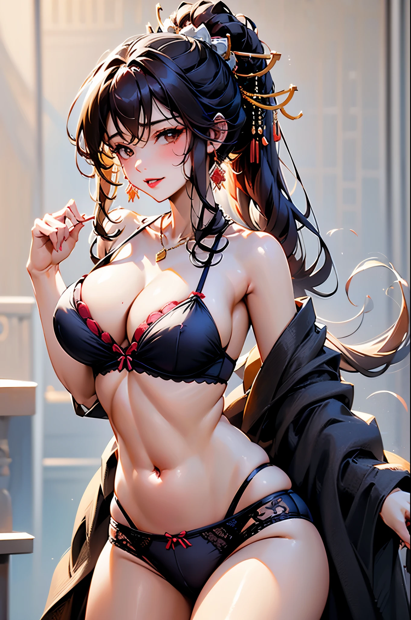 (masterpiece:1.2),best quality,Chinese style,
[nsfw:0.5],1girl,smile,breasts,solo,underwear,panties,thighhighs,bra,navel,garter belt,jewelry,long hair,large breasts,looking at viewer,black panties,black bra,necklace,black thighhighs,cleavage,parted lips,earrings,hair ornament,brown eyes,mole,brown hair,areola slip,lingerie,cowboy shot,bare shoulders,mole under eye,bangs,red lips,see-through,ponytail,thighs,skindentation,collarbone,blush,black hair,off shoulder,strap pull,stomach,parted bangs,open shirt,garter straps,