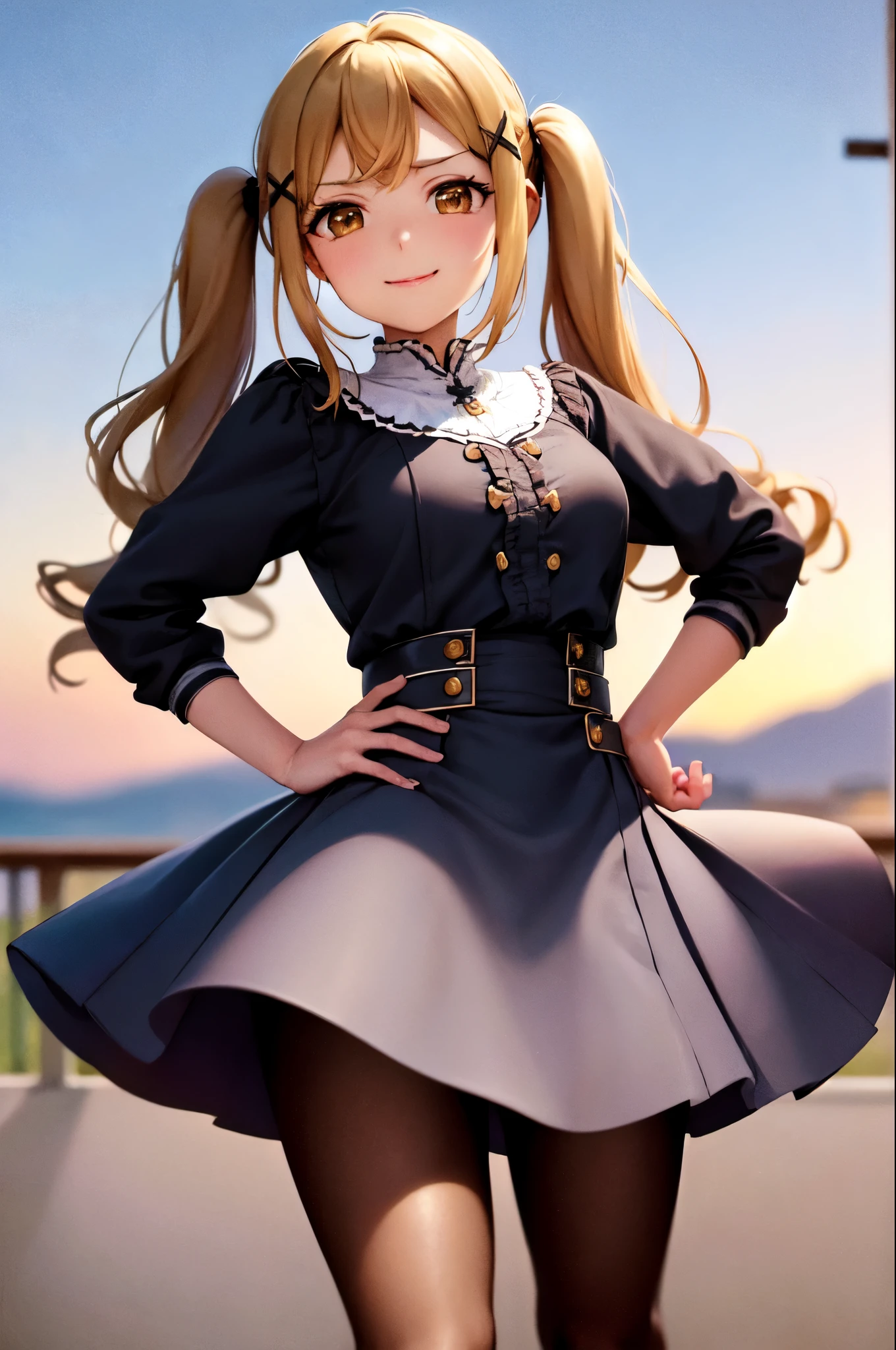 (masterpiece, best quality:1.2), cowboy shot, 1girl, ichigaya arisa, smile, looking at viewer, hand on hip, twintails, x hair ornament, , pleated dress, pantyhose, Kirito, black hair, 1boy, girl&boy