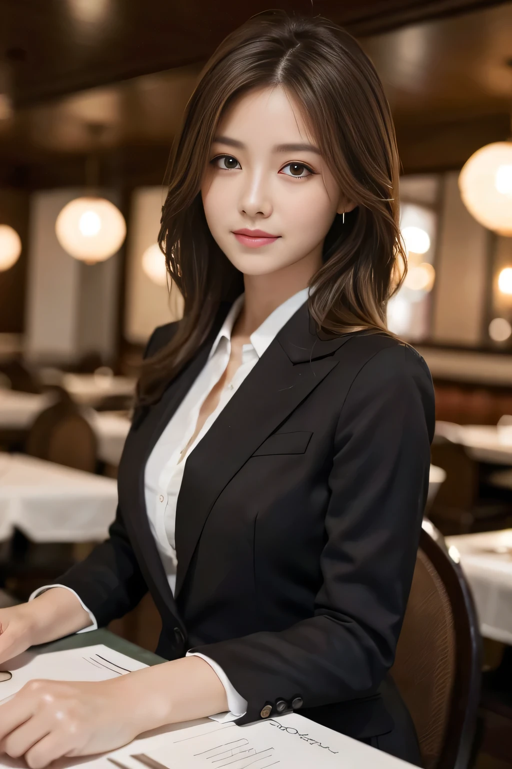 masterpiece, highest quality, Realistic, Very detailed, Finer details, High resolution, 8k wallpaper, One beautiful woman, Wear casual business attire, In a great restaurant, At night, Light brown messy hair, Perfect dynamic composition, Beautiful and beautiful eyes