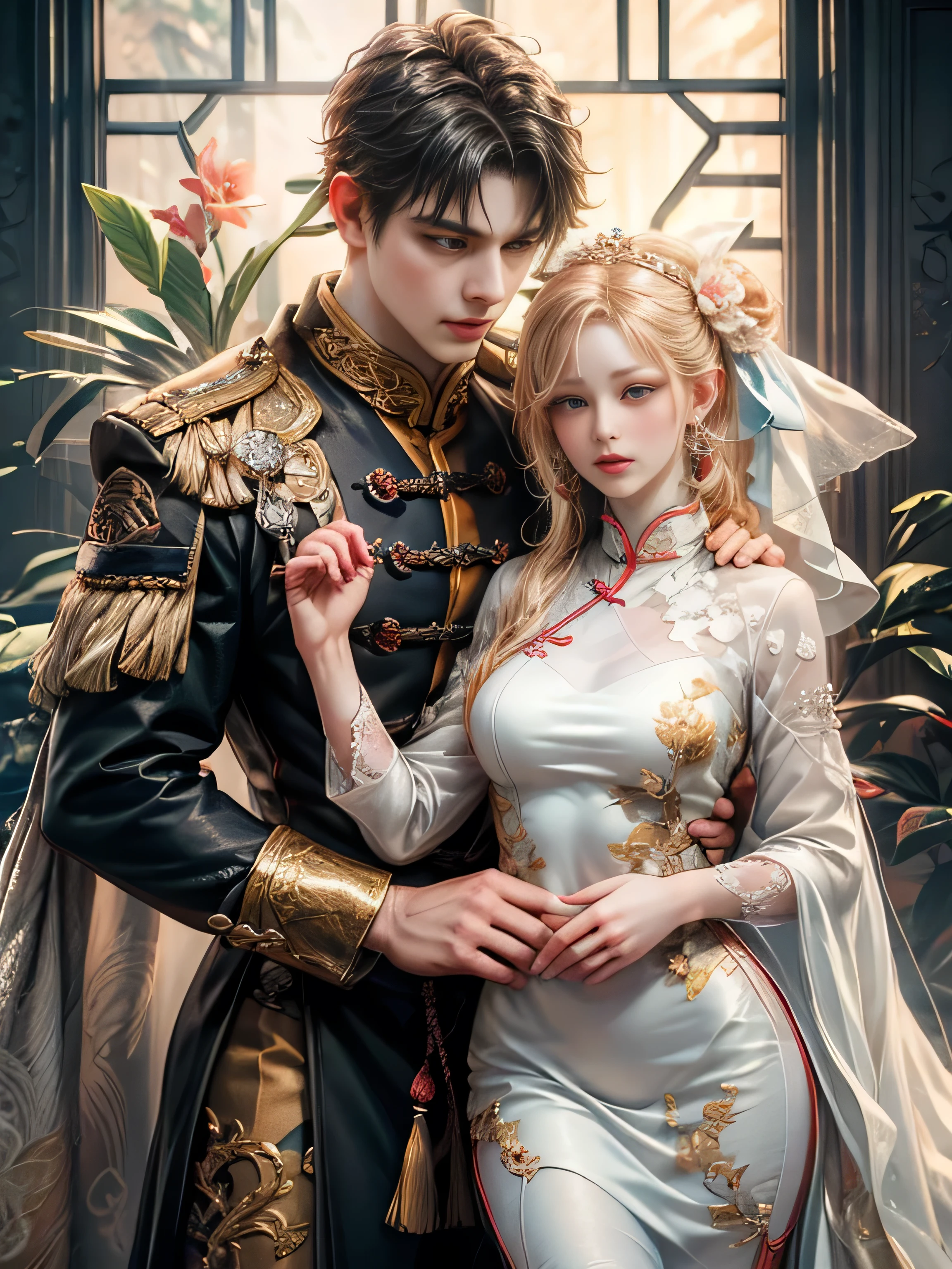 arafed image of a couple of man and woman hugging each other in Peach Garden, in wedding clothes, Peach Garden detailed background, xianxia fantasy, jingna zhang, game cg, wuxia, inspired by Chen Yifei, xianxia, xianxia hero, 2.5 d cgi anime fantasy artwork, heise jinyao, chinese fantasy, beautiful render of tang dynasty, heise-lian yan fang, 8k character details, high quality anime art, high quality illustration, detailed anime wallpapers, detailed anime art, hyper-realistic, elegant, high quality realistic anime art, (intricate and beautiful decoration [Dense detail]), ((Precisely drawn eyes))[Perfect eyes detailed((Beautiful eyes like jewels)Iris drawn in precise detail)[clearly drawn pupils]],[eyes light[Pinpoint lighting for the eyes]],[long and beautiful eyelashes],[precisely drawn hair [Beautiful and lustrous hair detailed]], (Perfectly hand detailed [Beautiful fingers with no damage [beautiful nails]]),(perfect anatomy(perfectly balanced proportions))[[full body portrait]],[ideal color coordination(Accurate simulation of light and material interactions)],([Precision Detail](detailed,高fine)),[Visual art that tells a story],((highest quality)fine[[High density drawing]])(4K Quality)