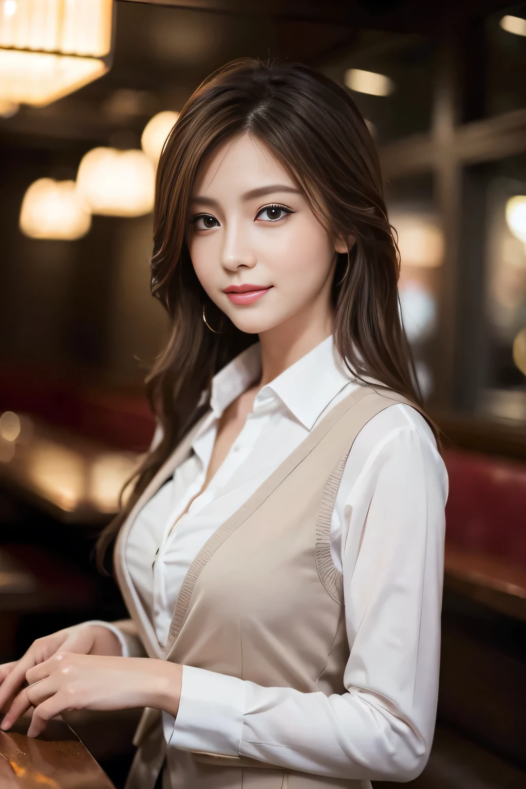 masterpiece, highest quality, Realistic, Very detailed, Finer details, High resolution, 8k wallpaper, One beautiful woman, Wear casual business attire, In a great restaurant, At night, Light brown messy hair, Perfect dynamic composition, Beautiful and beautiful eyes