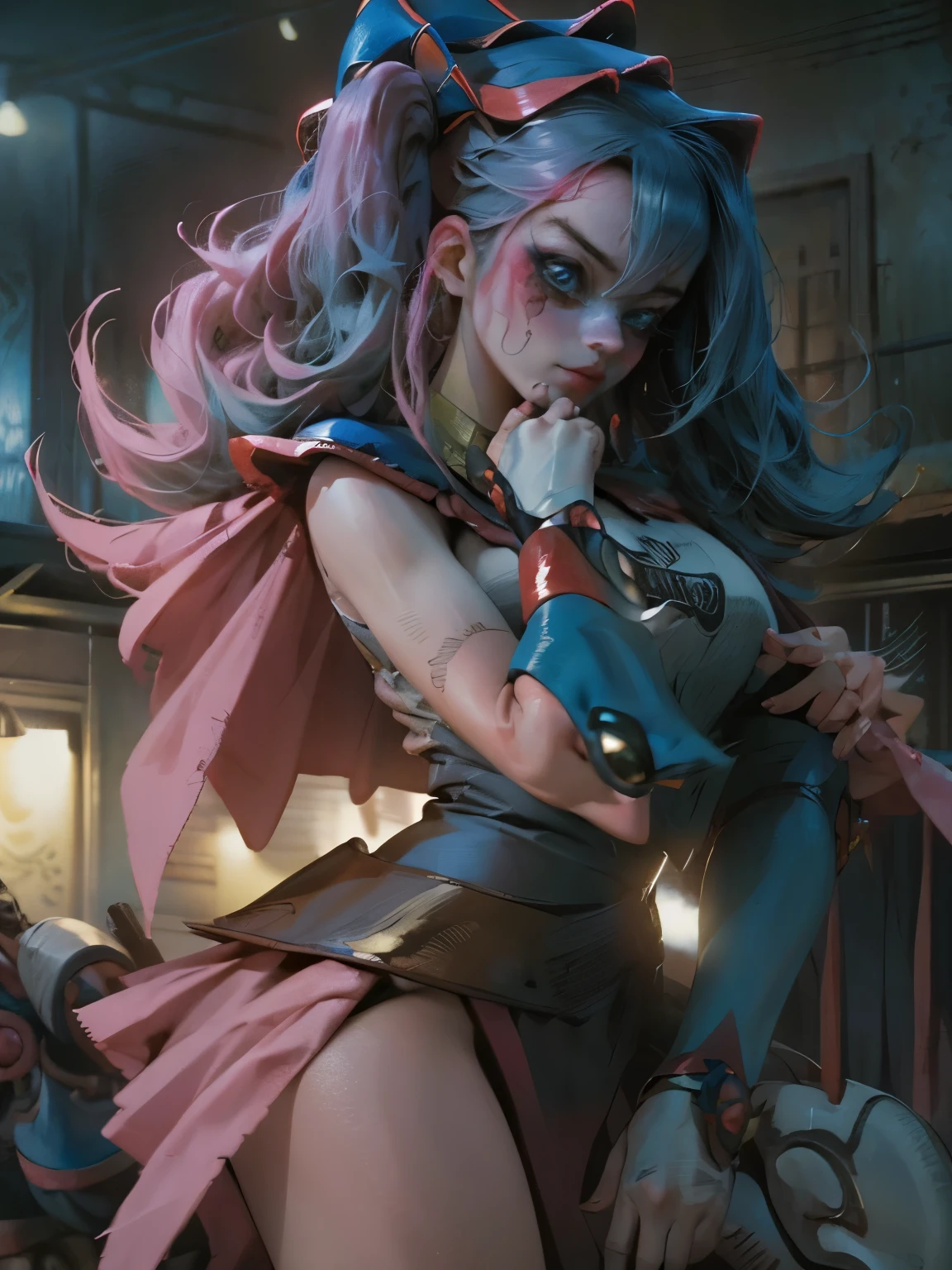 Maga oscura gils vestida de Harley Quinn. Tiene cabello rubio y negro. Ojos azules. Labios rojos. Gils, el mago oscuro, se viste como Harley Quinn. Pose sensual y inocente. Fondo de circo y magia.