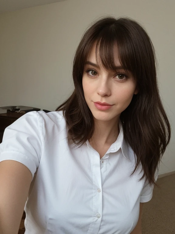 brunette 29 year old woman white shirt no bra selfie, duckface, kiss face