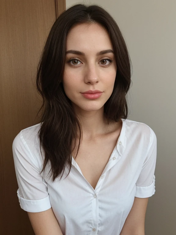 brunette 29 year old woman white shirt no bra selfie, duckface, kiss face