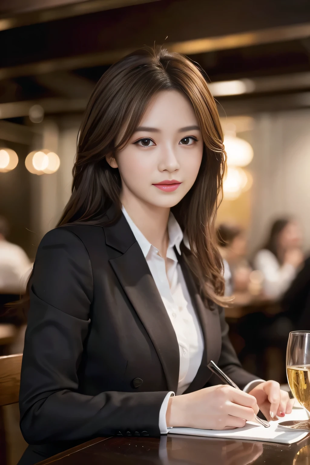 masterpiece, highest quality, Realistic, Very detailed, Finer details, High resolution, 8k wallpaper, One beautiful woman, Wear casual business attire, In a great restaurant, At night, Light brown messy hair, Perfect dynamic composition, Beautiful and beautiful eyes