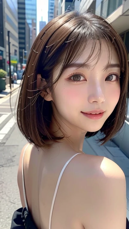 (((Close-up of face)))、(((Absolutely shoulder-length brown straight short bob)))、(((She is posing like a model in a hair salon with an office district in the background.)))、(((Japanese women wear beautiful clothes)))、Half Japanese, half Korean、18 year old girl、Standing Alone、Looking forward、Light eye makeup、Brown Hair Color、Flat and 、Hair blowing in the wind、Actress Quality、Glossy, ultra-realistic face、Smiling face、Watery eyes、Gazing Up、Subtle lighting effects、 Ultra-Realistic Capture、Very detailed、High resolution 16K close up of human skin。Skin texture must be natural、The details must be such that pores can be clearly seen、The skin is healthy、Uniform tone、Use natural light and colors、A worn-out, high-quality photo taken by a model agency&#39;s in-house photographer.、smile、(((SIGMA 300 mm F/1.4,1/1000 sec shutter,ISO 400)))
