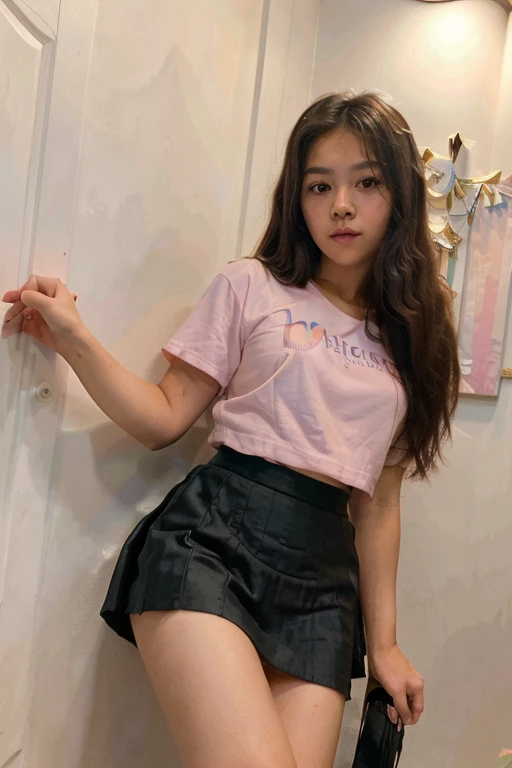 (best quality, masterpiece:1.2), ultra-detailed, perfect Thai girl, , long beautiful hair, soft pink tinted lips, wearing a white shirt and a short black skirt