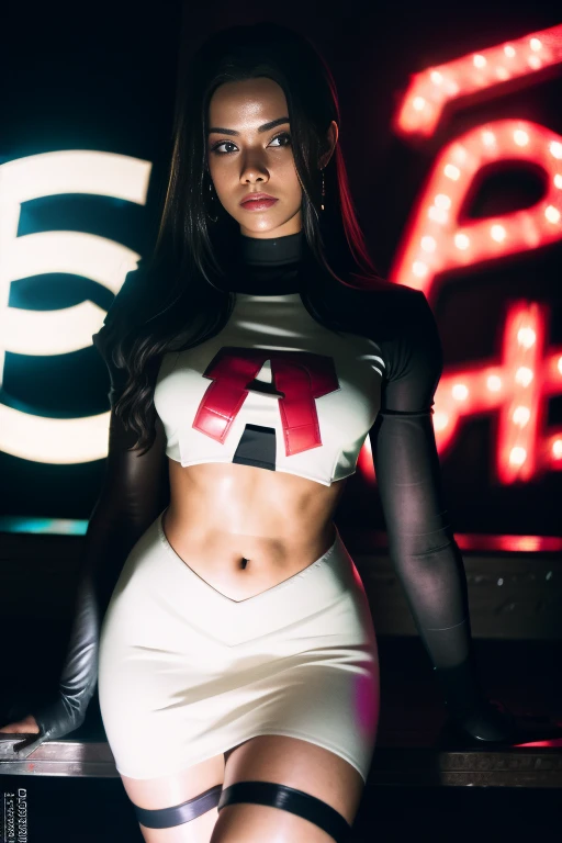 brandygordon, team rocket,team rocket uniform, red letter R, white skirt,white crop top,black thigh-highs, black elbow gloves,latex