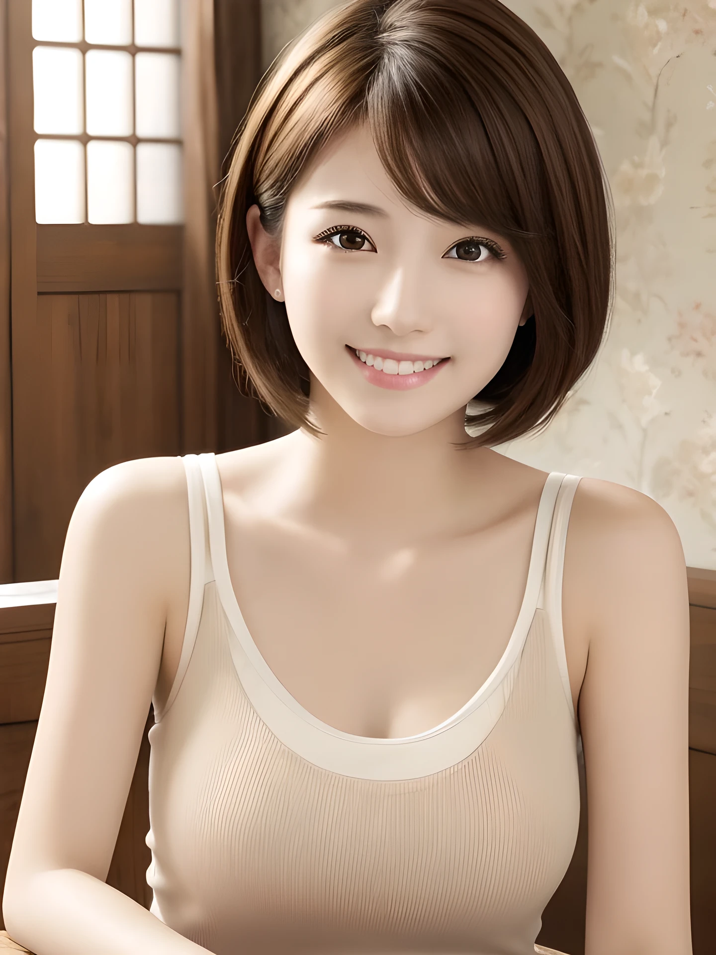 masterpiece, highest quality, High resolution, table top、wallpaper, realistic, bright lighting, professional lighting, face light, smooth lighting, japanese girl, cute, smile, Beautiful girl, gravure, sexy, super beautiful, beautiful skin, beautiful and detailed eyes、detailed face、slim、moderately、short hair, brunette colored hair, brown eyes, look at the camera, Tank top, clear sky