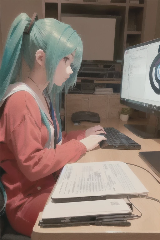A girl with green hair is sitting at a desk with a computer, Cyber , Anime Girl Cosplay, Real life anime girls, Young Anime Girl, Anime Cosplay, hatsune miku cosplay, As an anime character, Trying to study, In front of the computer, sitting in front of a computer, Professional Cosplay, On pixiv, Avid learner, study