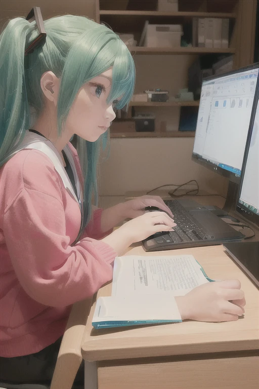 A girl with green hair is sitting at a desk with a computer, Cyber , Anime Girl Cosplay, Real life anime girls, Young Anime Girl, Anime Cosplay, hatsune miku cosplay, As an anime character, Trying to study, In front of the computer, sitting in front of a computer, Professional Cosplay, On pixiv, Avid learner, study