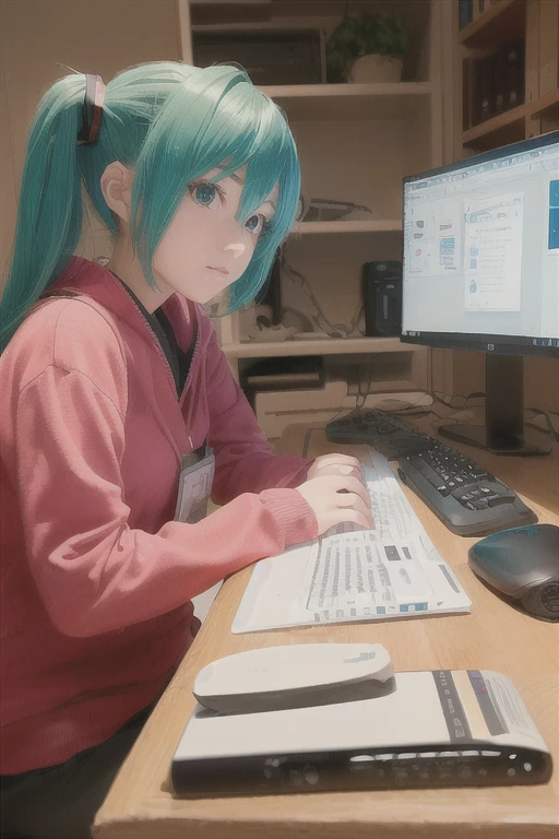A girl with green hair is sitting at a desk with a computer, Cyber , Anime Girl Cosplay, Real life anime girls, Young Anime Girl, Anime Cosplay, hatsune miku cosplay, As an anime character, Trying to study, In front of the computer, sitting in front of a computer, Professional Cosplay, On pixiv, Avid learner, study