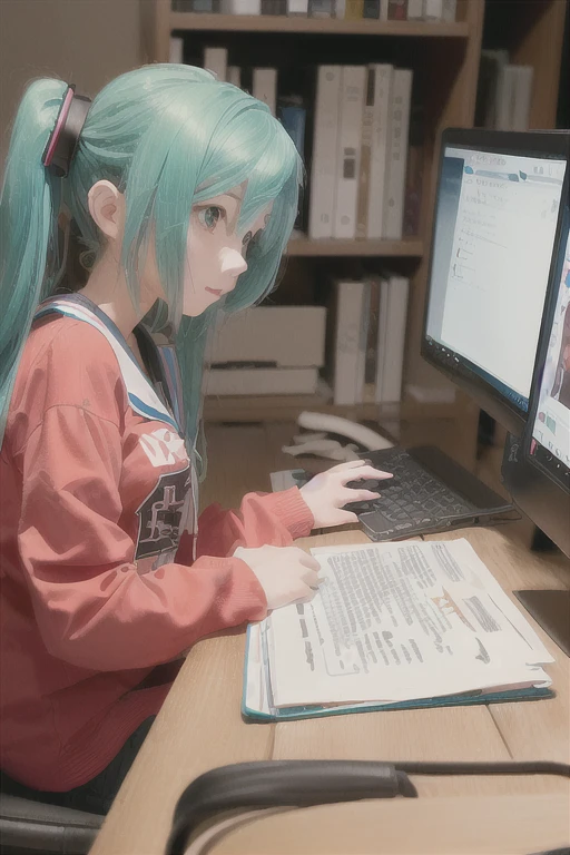 A girl with green hair is sitting at a desk with a computer, Cyber , Anime Girl Cosplay, Real life anime girls, Young Anime Girl, Anime Cosplay, hatsune miku cosplay, As an anime character, Trying to study, In front of the computer, sitting in front of a computer, Professional Cosplay, On pixiv, Avid learner, study
