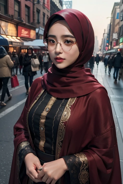1girl, with a captivating gaze directed towards the viewer, dons a hijab of vibrant red hue. Her intricately detailed face is accentuated by the delicate shadows that cascade across it, creating an enchanting contrast. The scene unfolds on the bustling streets of New York City, with a romantic and atmospheric backdrop setting the mood.
A RAW photo of unparalleled quality and masterpiece-worthy detail captures this moment, revealing every fiber of her richly textured hijab, as well as the shimmering reflections in her eyeglasses. The photo-realistic rendering adds an extra layer of authenticity, transporting the