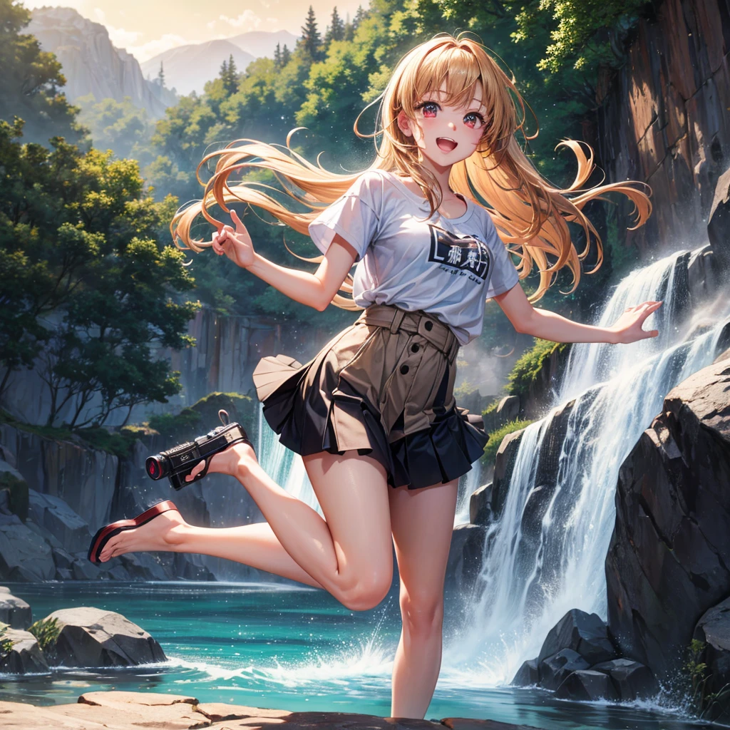 Pink gold golden hair、Red eyes、One good looking girl、solo、anime、Checkered mini skirt、The skirt has buttons、White T-shirt、Jin、Blue camisole、Wearing a ribbon、Ribbon on waist、Tilting face、Teeth are visible、waterfall、waterfallの裏側、tunnel、Sunset sky、I have a single-lens reflex camera、Jumping off