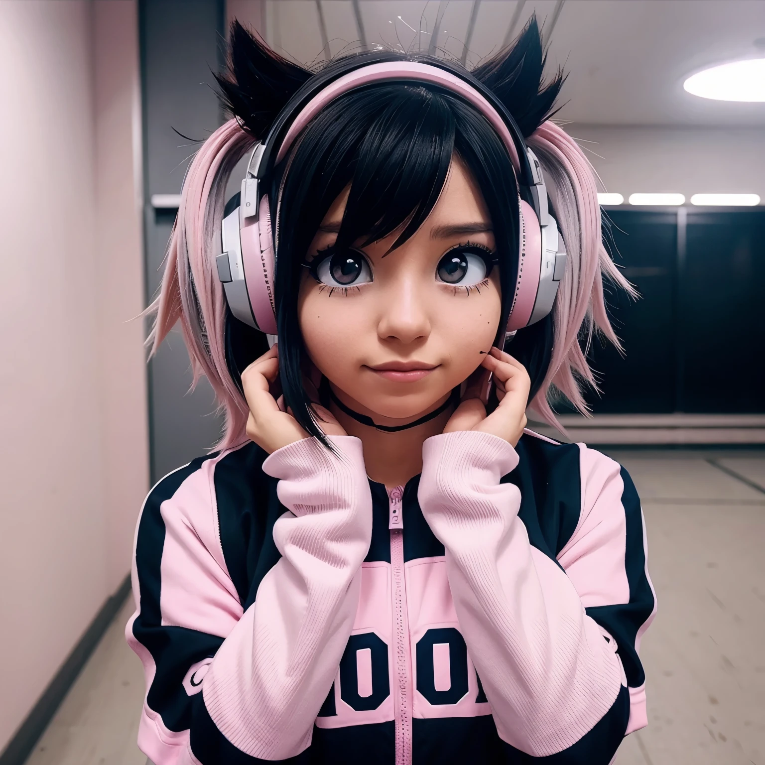 Boku no hero academia character Hair half pastel pink half black, genero femenino, ojos color gris uno mas claro que el otro, uniforme de deporte de mha, With headphones