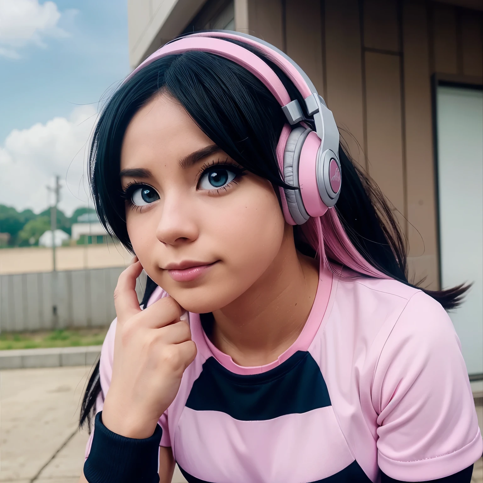 Boku no hero academia character Hair half pastel pink half black, genero femenino, ojos color gris uno mas claro que el otro, uniforme de deporte de mha, With headphones