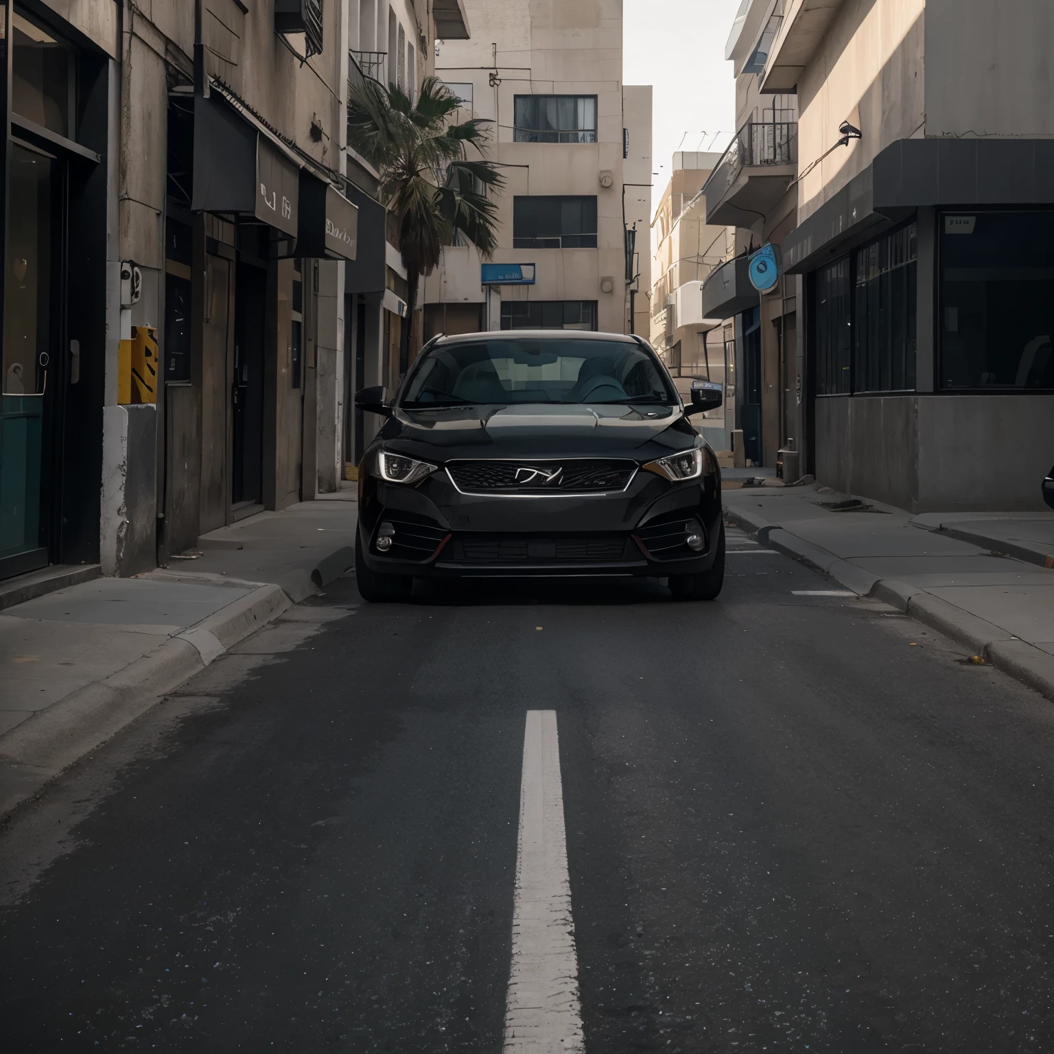 Make a black car with duac doors and tinted windows on a deserted street 