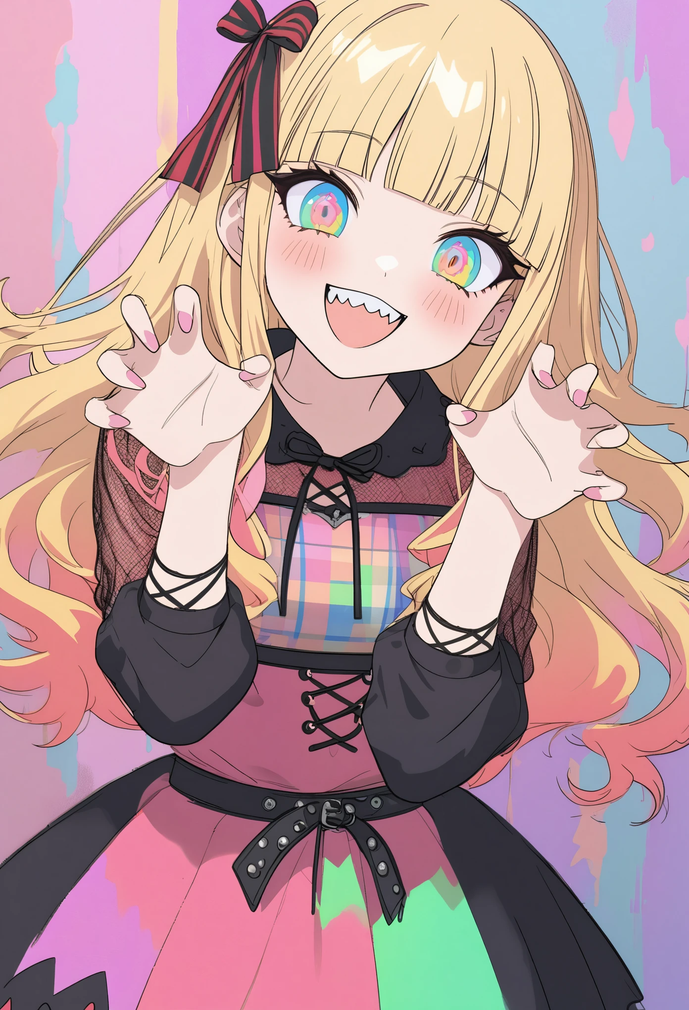 ((Masterpiece)), ((best quality)), (cowboy shot), (Rough sketch:1.4), (High Definition:1.3), (Professional Photography:1.3), (()), (❤️🖤💗💔), cute young Girl, Glossy unruly hair, (loose blunt bangs), blonde hair with red mesh, (red mesh hair), long hair, big eyes, (long eyelashes), ((jagged teeth)), colorful eyes, (Unfocused eyes), blush, ((naughty smile)), open mouth, ribbon belt, joy, (cute Plaid tanktop), barearms, ((shrug pose)), (colorful:1.3), gothic makeup, 👄,((against the Fancy pastel wall)), 8K, gothic artstyle,