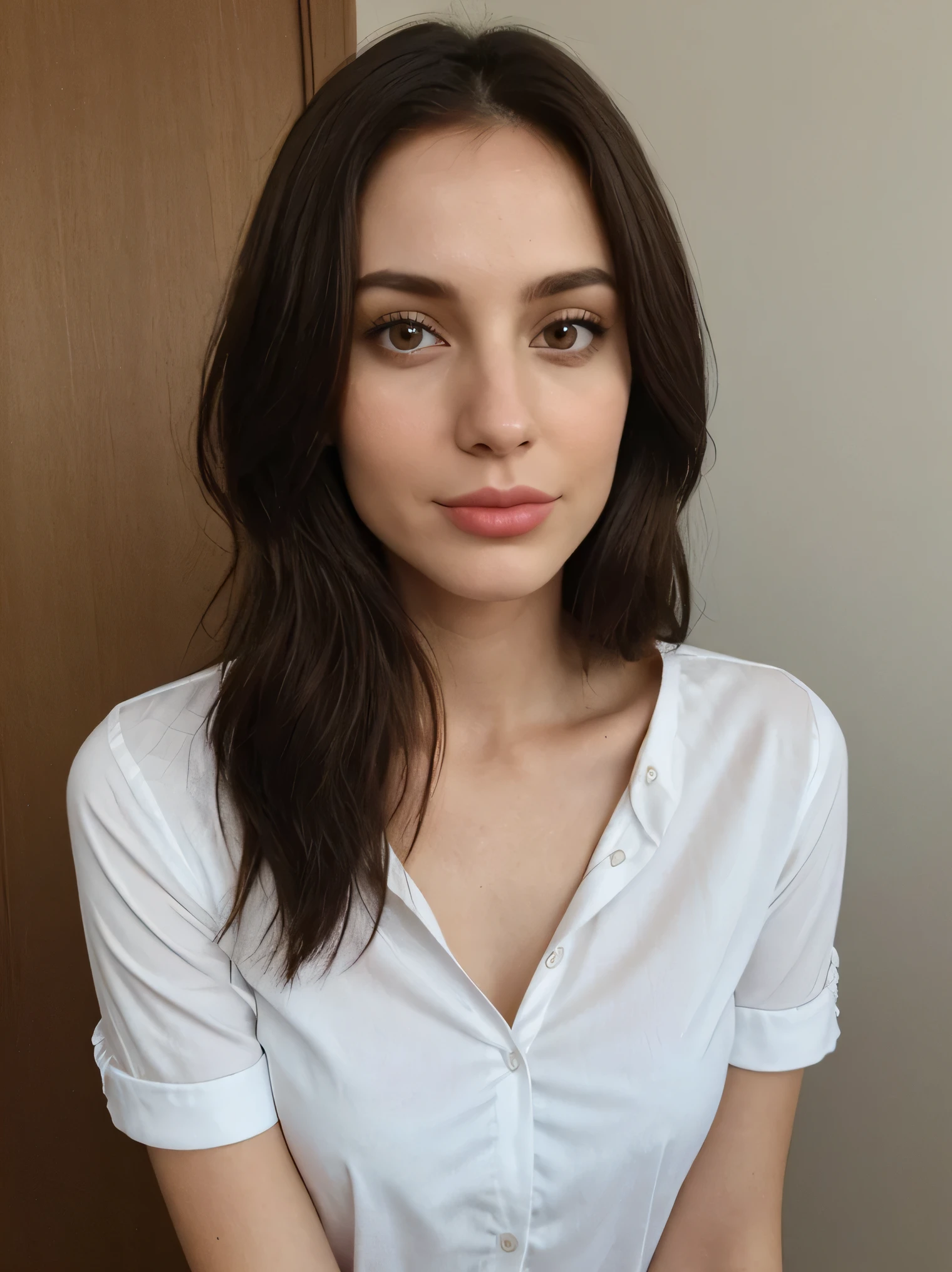 brunette 29 year old woman white shirt no bra selfie, duckface, kiss face
