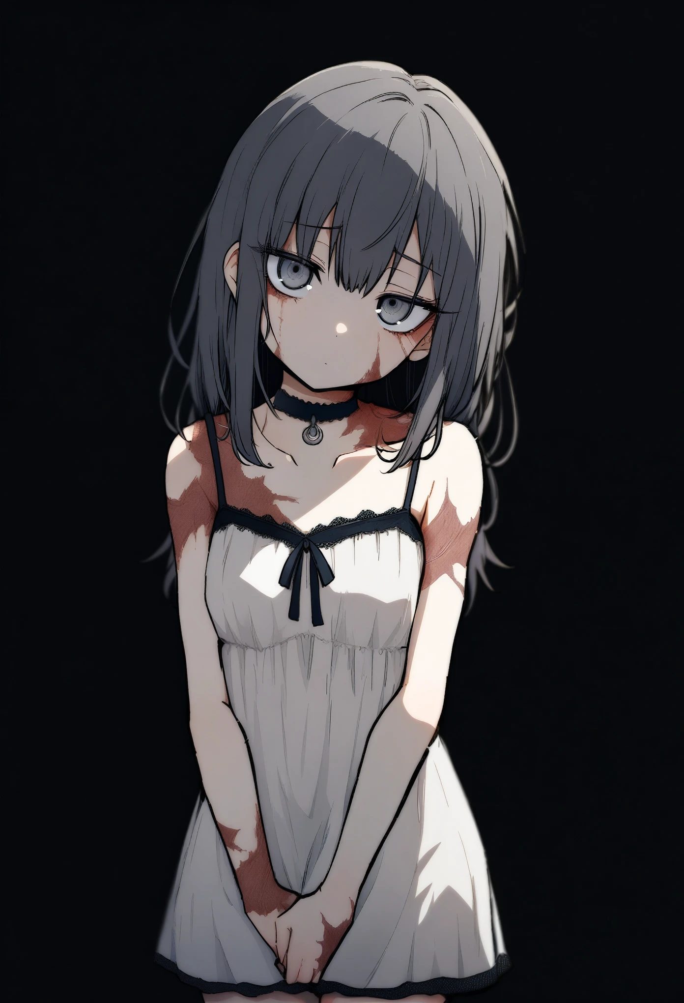 masterpiece, best quality, absurdres, (by shionosuke:1.3), score_9, score_8_up, score_7_up, 1girl, solo, small breasts, black hair, long hair, gray eyes, scars, burn scars, neutral, head tilt, chemise, white chemise dress, looking at viewer, chained choker, standing, upper body, hands between thighs, black background, simple background, sfw