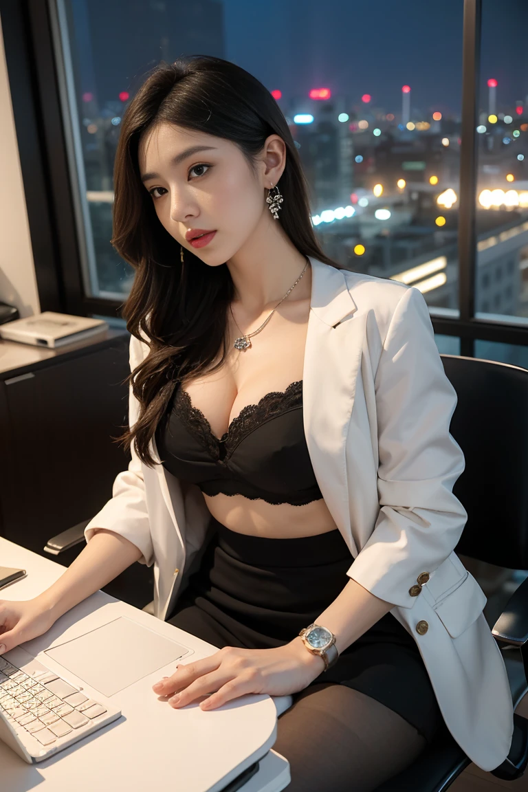 in the office,a young beautiful lady,Wear professional attire,gray blazer,Lace bandeau underwear,slit covered skirt。Bigger and wider hips,thin waist,The upper body rounder,full,Super in shape。Dressed up with jewelry,necklace,earrings,watch,High heel,black stockings。Painted with light makeup,beautiful eyeeautiful lips,very beautiful,Very temperamental。at desk,camel toe,Look at the file,With computer and keyboard。Background modern city office buildings,Very modern,There a lot of space,Outside the window the night view of the city,Modern Shanghai city night view。8 p.m,City neon lights flashing。Professional lighting effectovie shot,intricate details,The best resolution,masterpiece。Complete normal hands,intricate details