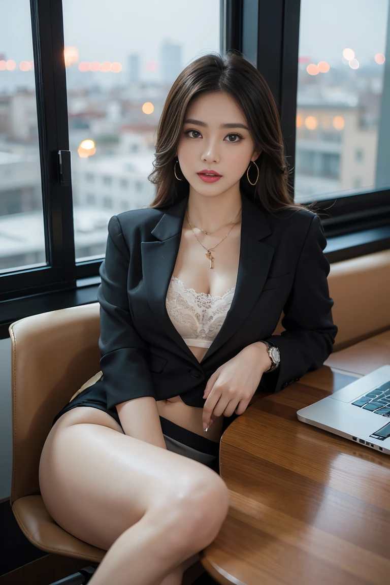 in the office,a young beautiful lady,Wear professional attire,gray blazer,Lace bandeau underwear,slit covered skirt。Bigger and wider hips,thin waist,The upper body rounder,full,Super in shape。Dressed up with jewelry,necklace,earrings,watch,High heel,black stockings。Painted with light makeup,beautiful eyeeautiful lips,very beautiful,Very temperamental。at desk,,Look at the file,With computer and keyboard。Background modern city office buildings,Very modern,There a lot of space,Outside the window the night view of the city,Modern Shanghai city night view。8 p.m,City neon lights flashing。Professional lighting effectovie shot,intricate details,The best resolution,masterpiece。Complete normal hands,intricate details