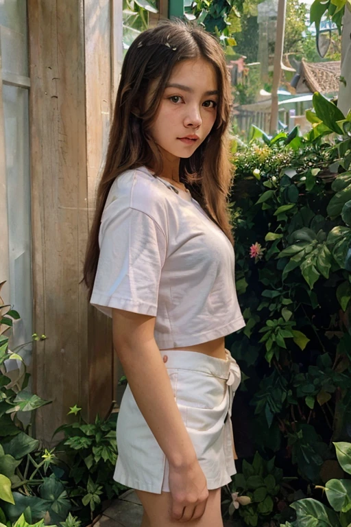 (best quality,masterpiece:1.2), ultra-detailed,perfect Thai girl,16 years old,long beautiful hair,soft pink tinted lips,wearing a white shirt and a short black skirt,illustration, green lush garden background, serene atmosphere,vivid colors,soft natural lighting