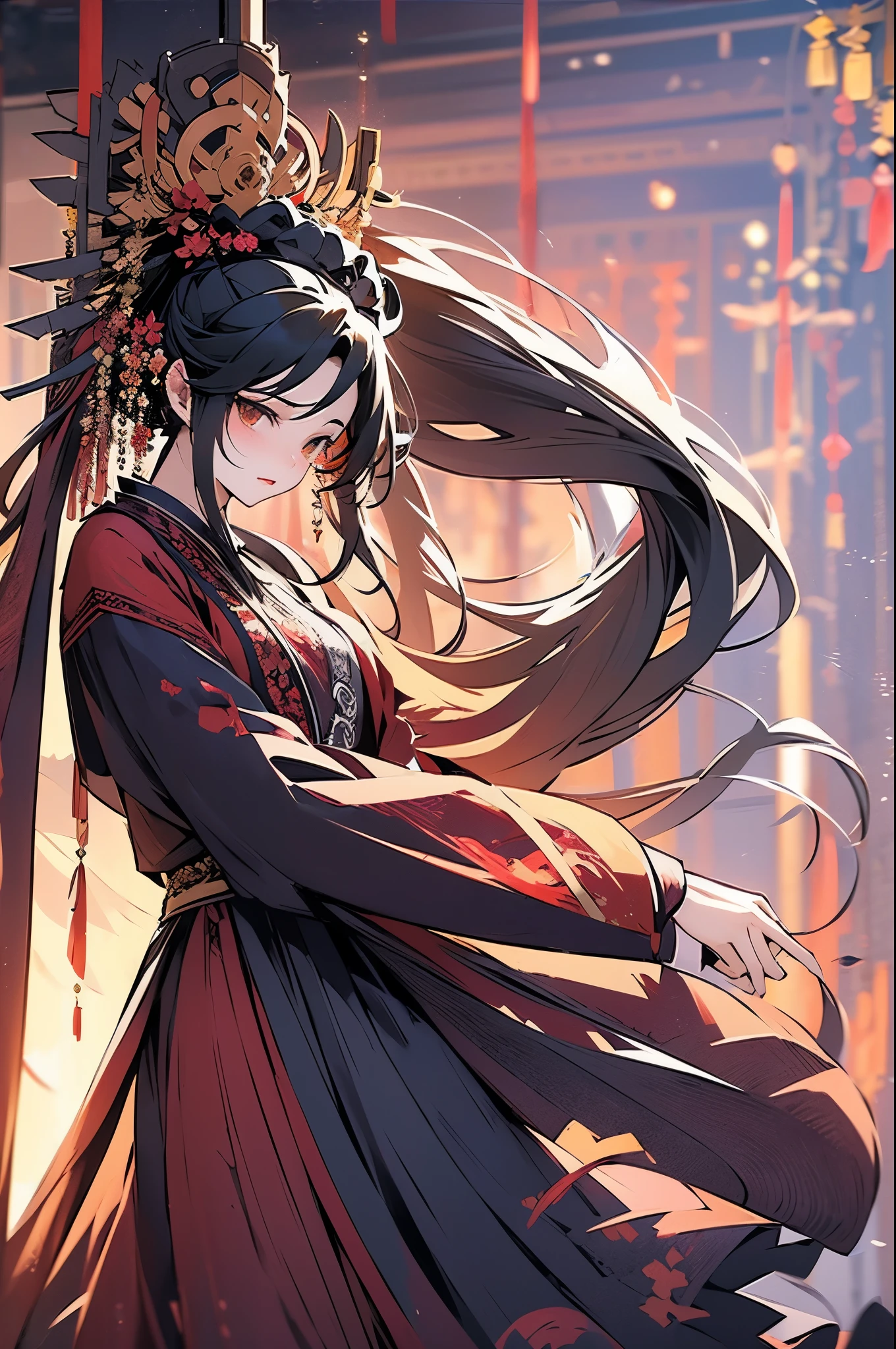 -1girl, solo, flower, skirt, long hair, hair ornament, blurry, long sleeves, red skirt, lying, long skirt, black hair, black footwear, looking at viewer, green eyes,Chinese weddingdress,