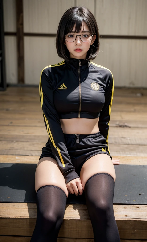 realistic, 1girl, black eye glasses, sitting on a wooden box, dark abandoned warehouse backgroud, silky bob hair, hair bangs, tight and fitted yellow tracksuit, tracksuit half unzip, cleavage, big bust, tummies, bellybutton, camouflage fitted shorts, tights, knees, fitted outfit, arm sleeves fitted,