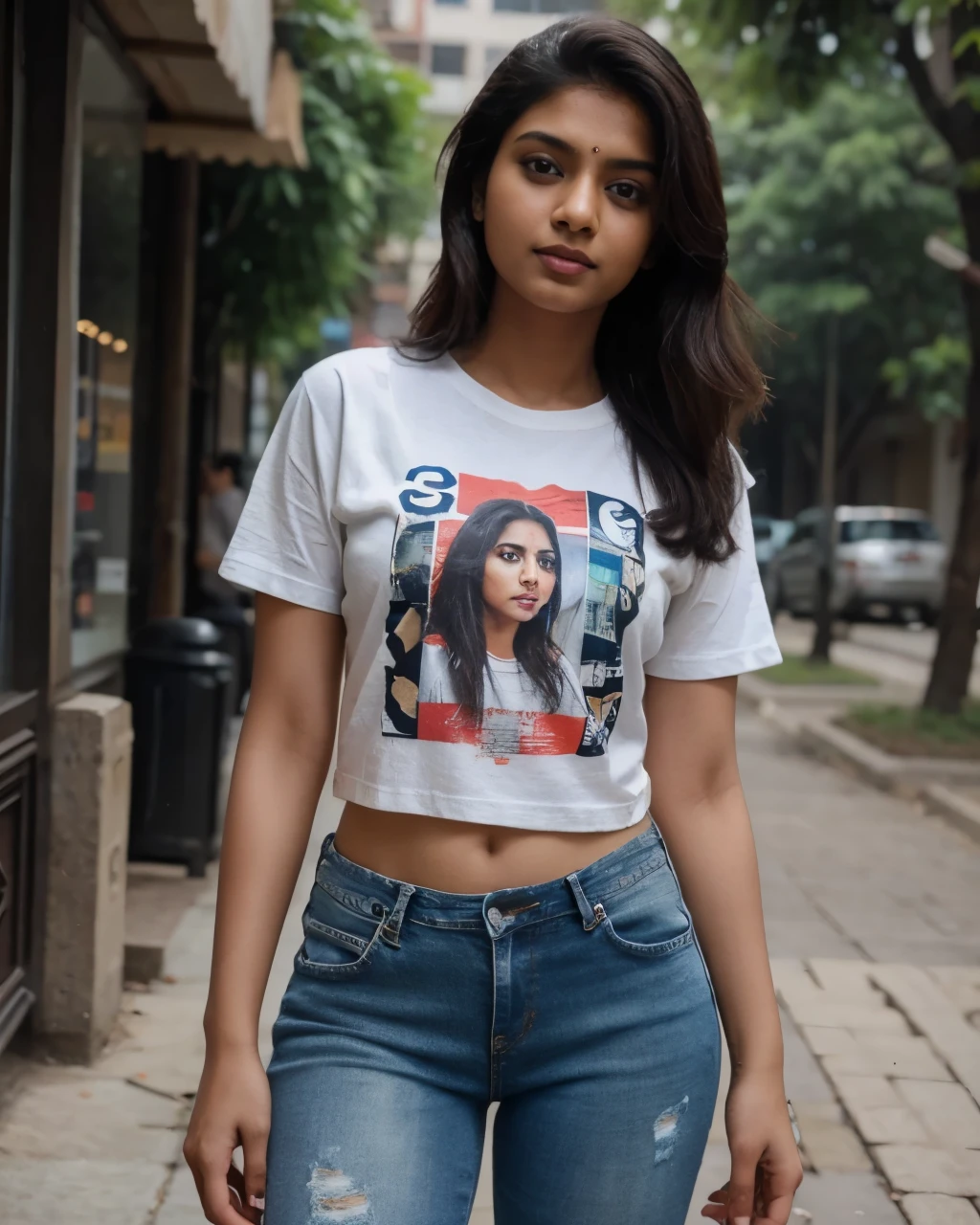 Tanvi in a graphic t-shirt with distressed jeans. Realistic, best quality image.