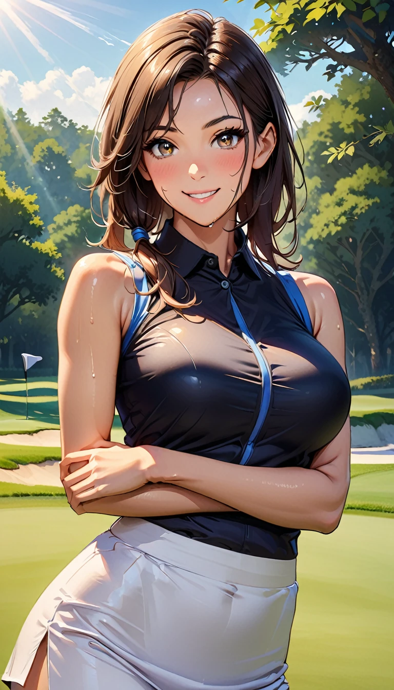 (high quality, High resolution, Fine details), Realistic, woman, Golf Players, garden, Green Grass,sporty, Athletic physique, Confident expression, Professional Golfer, Elegant pose, Stylish clothing, sunlight, Leaves swaying in the wind, Relaxed atmosphere, Beautiful views, Summer Morning, alone, 曲線美のあるwoman, Sparkling eyes, (Fine grain), (smile), blush, (Sweat), (Oily skin), Shallow depth of field