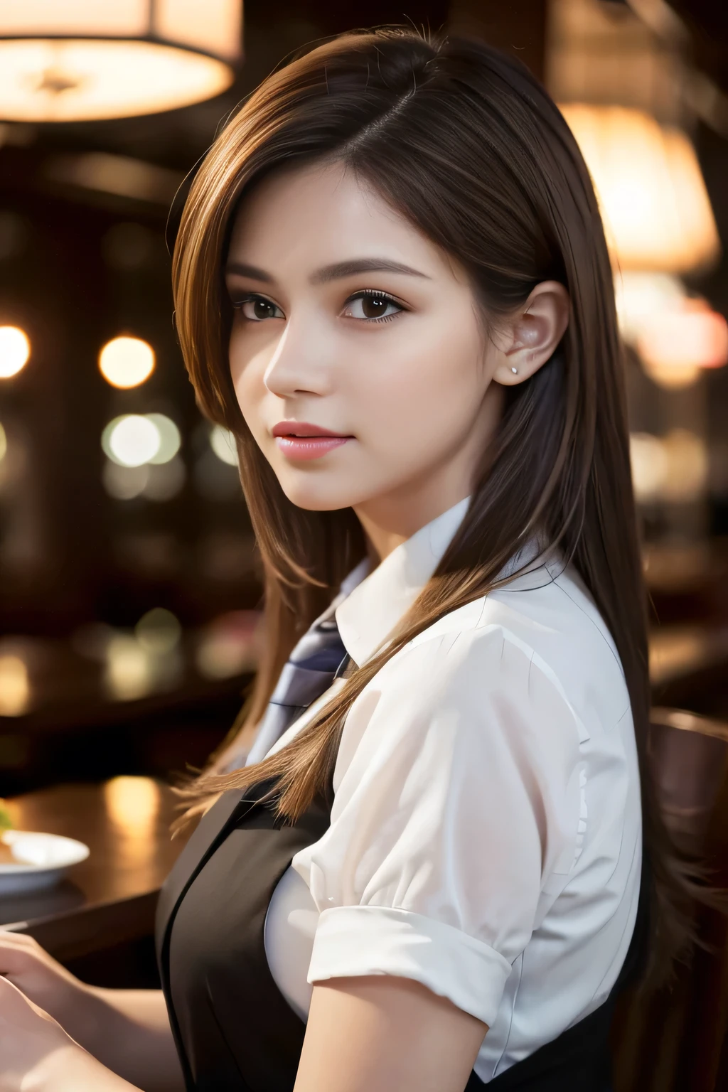 masterpiece, highest quality, Realistic, Very detailed, Finer details, High resolution, 8k wallpaper, One beautiful woman, Wear casual business attire, In a great restaurant, At night, Light brown messy hair, Perfect dynamic composition, Beautiful and beautiful eyes