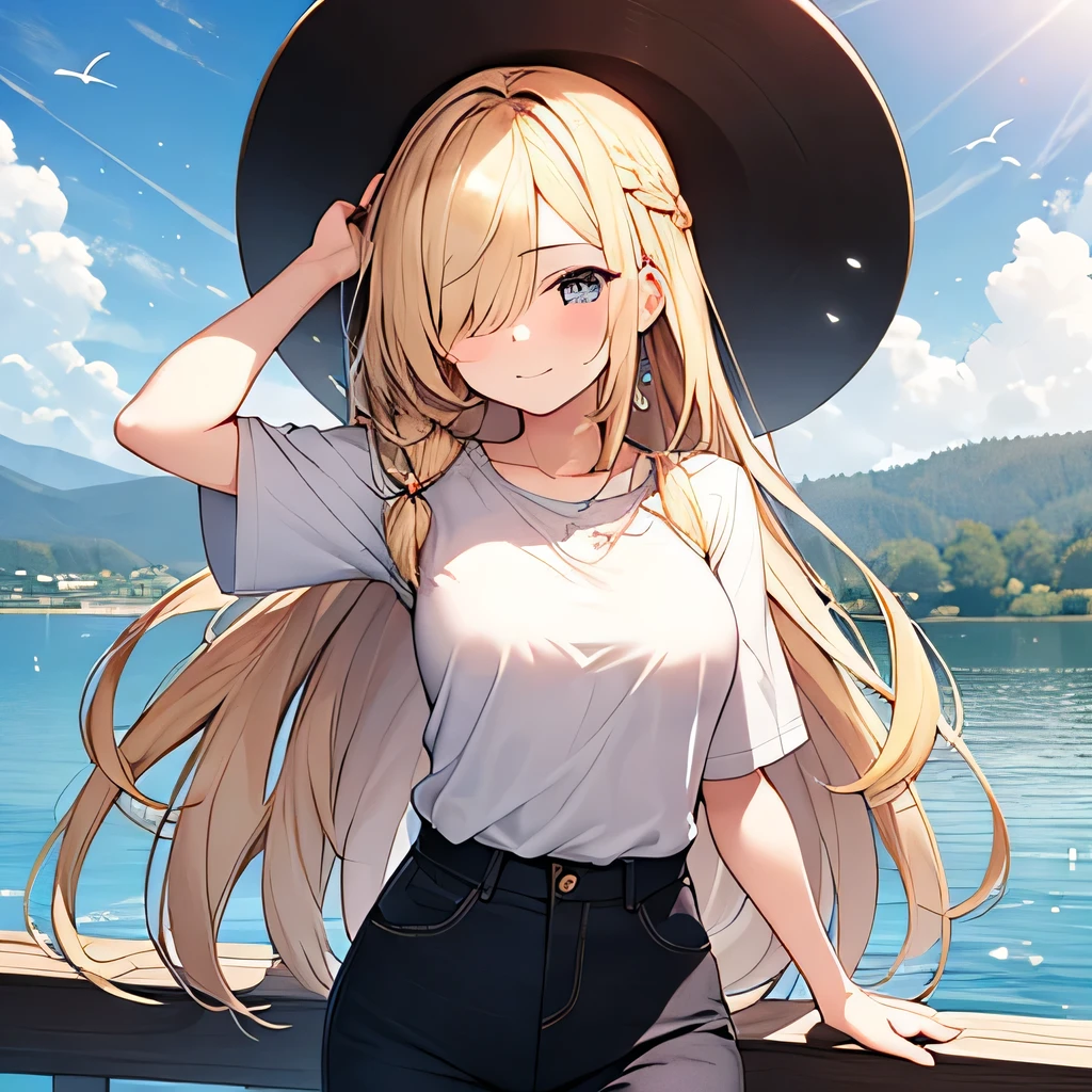 masterpiece、highest quality,Very detailed, Absurd beauty、1 beautiful girl、 (Long Hair、Braided hair、blonde、Ample breasts), Hair blowing in the wind、Keep your head small、whole body、Casual clothing、Summer clothes、Thin legs、Close one eye and wink、Shyness、lake