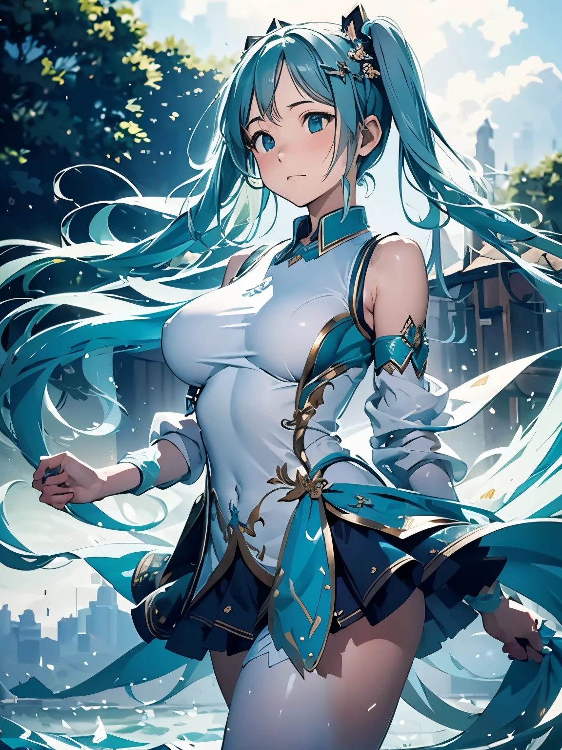 (masterpiece、highest quality、highest quality、Official Art、Beautiful and beautiful:1.2)、(One girl:1.3)Hatsune Miku、Twin tails,Big Breasts,highest quality, Super quality, 16k, Beautiful slender beauty, Excited expression, White rhythmic gymnastics uniform (Gold embroidery:0.3), Graceful dance, Wind, Wind-effects, Simple background, Fantastic and mysterious, Professional Lighting