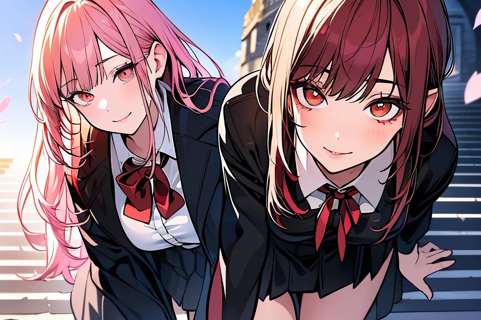 (masterpiece:1.3, top-quality), ultra high res, ultra detailed, (realistic, photorealistic:1.4), beautiful illustration, perfect lighting, colorful, depth of fields, surrealism,
upper body, (front view), full body, dynamic angle,
beautiful hair, beautiful face, extremely detailed face, beautiful detailed eyes, beautiful clavicle, beautiful body, beautiful chest, beautiful thigh, beautiful legs, beautiful hands,
looking at viewer, 1 girl, japanese, high school girl, (perfect anatomy, anatomically correct, super detailed skin), cute and symmetrical face, babyface, perfect face, perfect eyes, perfect body,
(long hair:1.8, straight hair:1.7, light pink hair), parted bangs, emerald green eyes, long eyelashes, (large breasts, wide hips, seductive thighs, skindentation), shiny skin, slender,
((detailed cloth texture, red bow tie, black jacket, open jacket, brown cardigan, white shirt, black skirt, plaid skirts)),
(beautiful scenery), morning, (flower garden, cherry blossom, small pond), (wariza), (seductive smile:1.2, upper grade),
(looking up from the bottom of the stairs), very embarrassing panic smile, turned around, (bending forward:1.4), (reaching :1.5),
