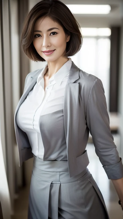 (highest quality,8k,masterpiece),
日本人Mature Woman,40 years,Mature Woman,Pure white skin, ((Full body photography:0.85))、
Full breasts:1.3、　((White collared blouse))、((Grey tailored jacket))、Grey tight skirt、Brown short bob、
,A gentle smile、A gaze that seduces viewers、Shopping Centre、