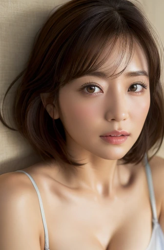 (masterpiece:1.3), (8k, Realistic, RAW Photos, Best image quality: 1.4), Around 50 years old, Japanese women、Cleavage:0.8、Highly detailed face、Attention to detail、double eyelid、Chest to chest、Light brown hair、Short Hair、Sporty hair、highest quality、masterpiece、超A high resolution、(Realistic:1.4)、Highly detailed and professionally lit sleepy look、Thick fabric nightwear、Put your shoulders out a little、Deadly position