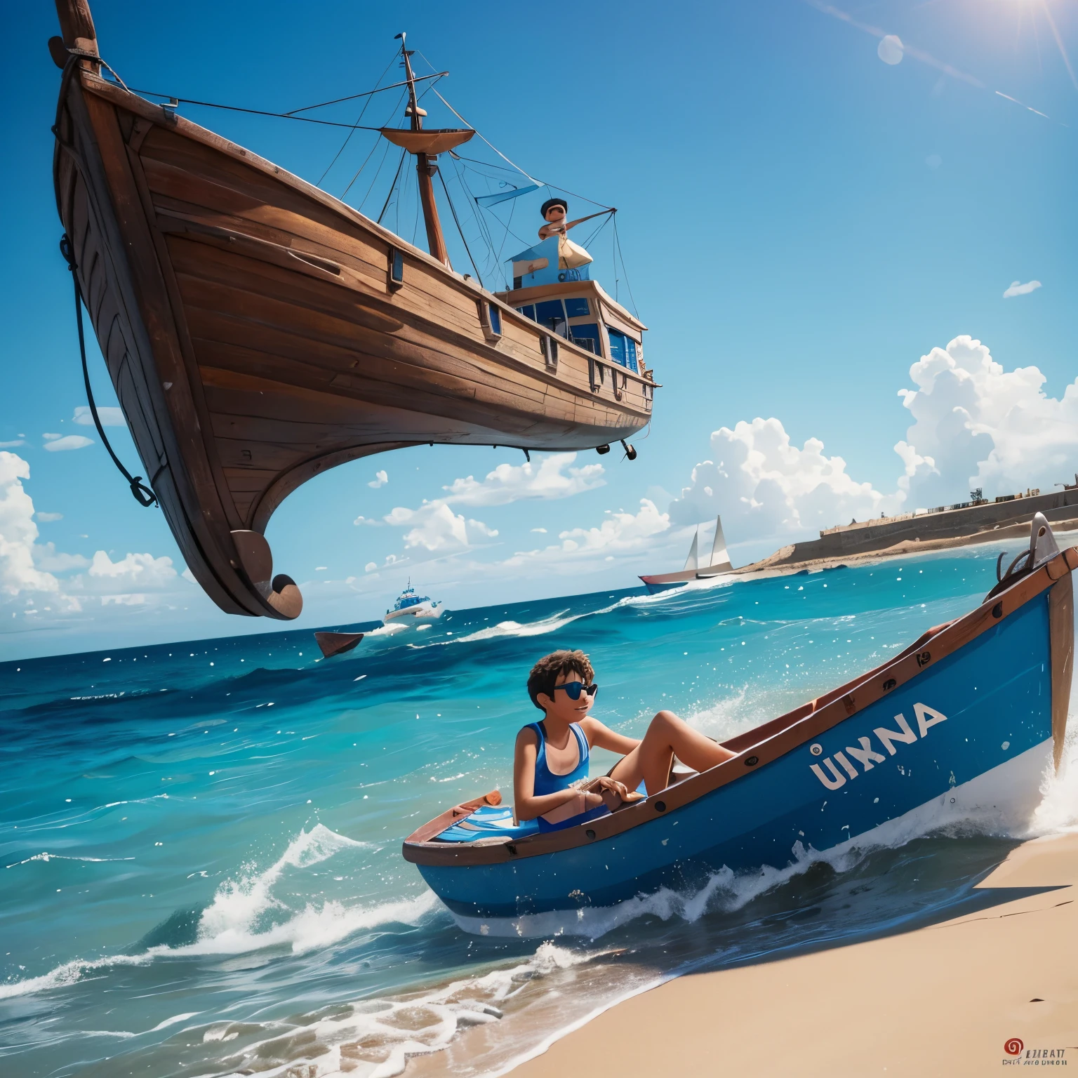 Imagen de Pixar, en la playa arena blanca, mar azul, small ship half sunk, un hombre alto moreno, con barba negra, lentes trasparentes, short azul, He grabs a girl's hand while they laugh. The girl has blonde hair but not that blonde., cabello recogido con un prensa, con lentes de playa azules, green swimsuit with white flowers