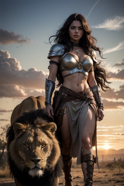 Mulher magra, mulher morena, cabelo longo, cabelo cacheado, guerreira, armadura rasgada, injured woman with lion by her side, big and friendly lion, Deus, mulher recatada