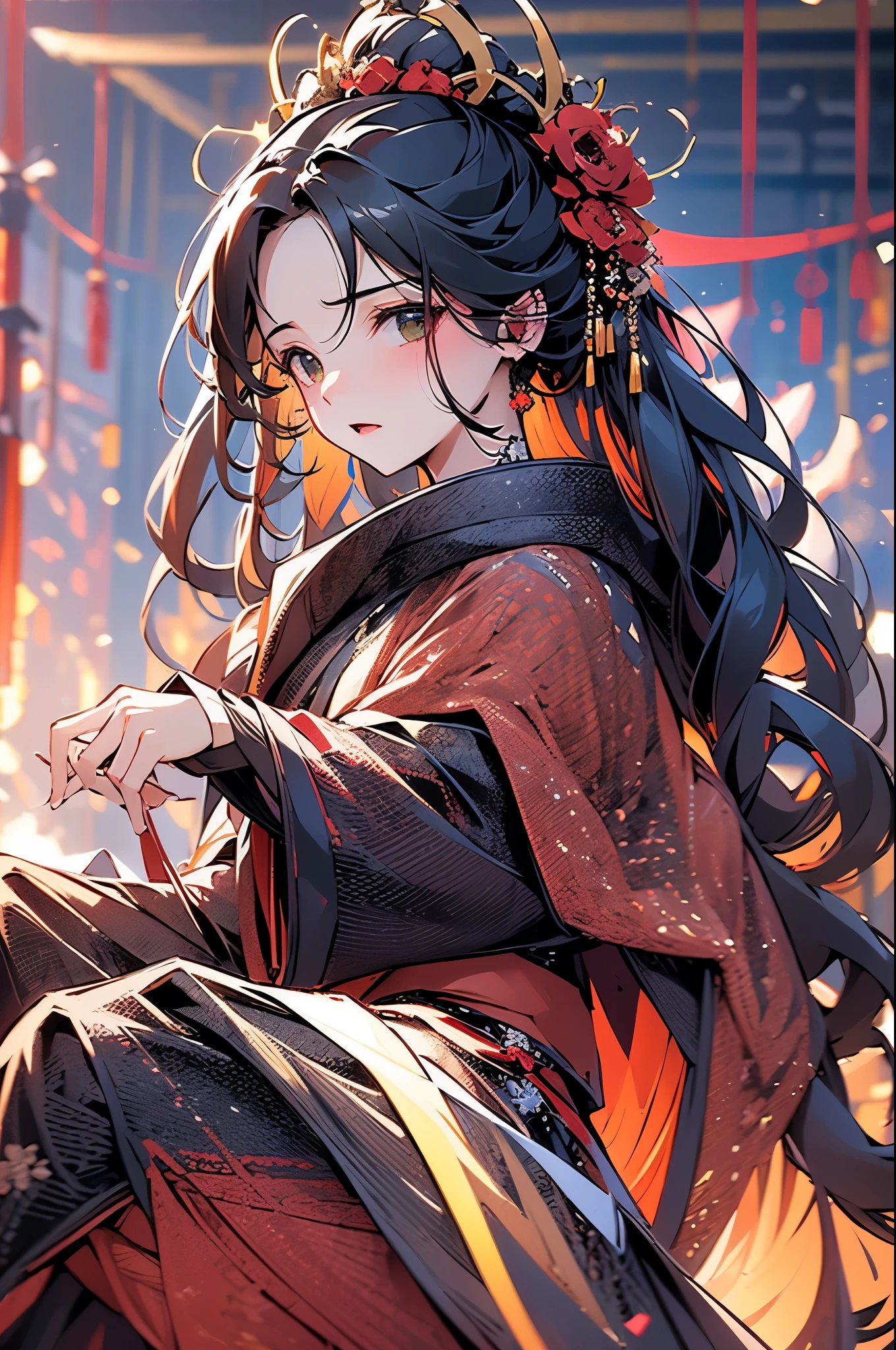 -1girl, solo, flower, skirt, long hair, hair ornament, blurry, long sleeves, red skirt, lying, long skirt, black hair, black footwear, looking at viewer, green eyes,Chinese weddingdress,