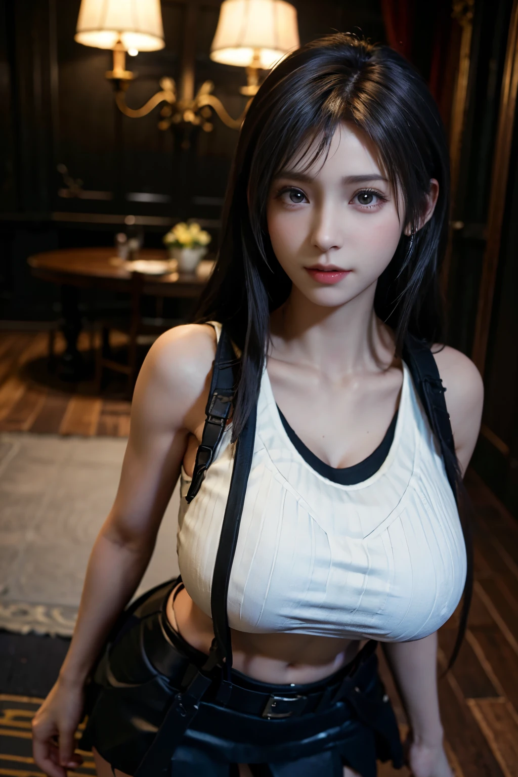(Realistic: 1.4), 最high quality, Very delicate and beautiful, High resolution,masterpiece, 最high quality, 超High resolution, (Realistic:1.4), Detailed beautiful face, , One girl, Tifa_Lockhart, Final Fantasy VII Remake, Stunning European Women,Cowboy Shot, suspenders, Low rise, Black mini skirt, Black border white tank top, Tense shirt, Black Hair, Long Hair, Sexy Body,Beautiful breasts, Very beautiful and shining eyes,Beautiful feet, So cute, Close-upポトレイト, 柔らかい肌のPerfect Faceを持つ素敵な, Perfect Face, (((Huge breasts))),Tight waist,Chainetter、thigh、In the dungeon,Complete diagram, Shapely hips, 8k resolution,Surreal,Ultra-detailed,high quality, (Huge teardrop chest, Huge breastsの谷間:1.2), Giant tit, Close-up,A broad perspective