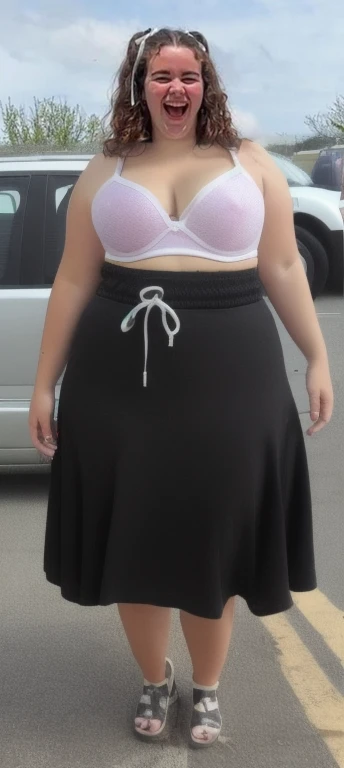 there are two women standing in a parking lot holding hands, wearing nothing, she has a jiggly fat round belly that is showing, taken in the early 2020s, taken in the late 2010s, very accurate photo, wearing no clothes, 30 years old woman, 3 0 years old woman, wearing nothing, Big , huge , no clothes, sexy, cute, no clothes, thick, bbw, chubby stomach, thick nipples, nipple piercings, large areola, hard nipples, piercing through shirt, busty, major cleavage, naked, ripping through top, spilling over sides, bra too tight, extra wide hips, fat bbw, showing off huge belly, fat stomach, fat bbw, big tummy, bikini, bare stomach, uncovered stomach, play with stomach, belly muffin top, belly hanging out of clothes, belly out, clothed, clothes, covering private, not nsfw, safe for work, belly out, muffin top spilling over, naked belly, no skirt, not high waisted pants, no pants, booty shorts, wearing low-waisted skirt, no clothes on bottom, no dress, only booty shorts, not nsfw but not covering belly, safe for work